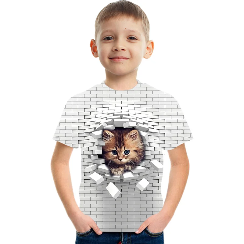 2023 Poletje za Otroke in Dečke Kratek Rokav T-shirt Oblačila 3D Malo Mačka T-shirt Tiskanje otroška Oblačila Slike 0