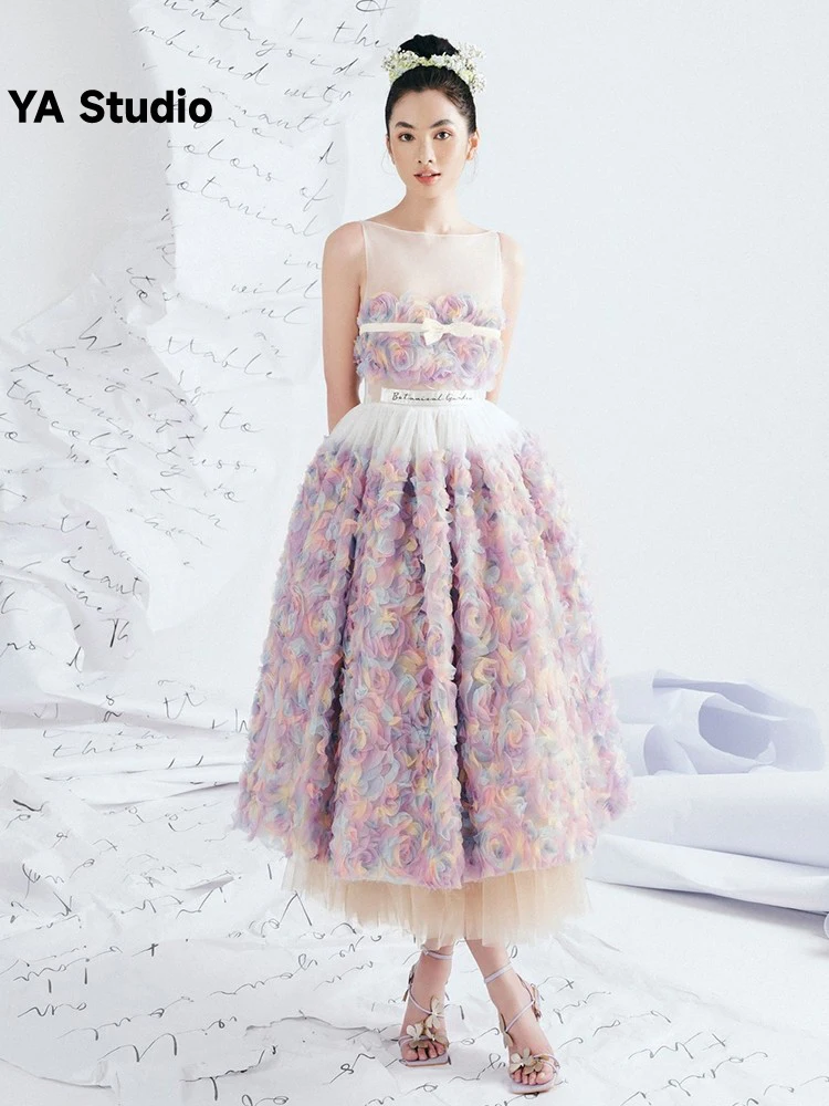[YA Studio] Težka Pisane 3D Flower Fairy Oblikovalec Predstavlja Eleganten Stranka Obleko Obleke Za Ženske 2023 Poletje Moda Slike 0