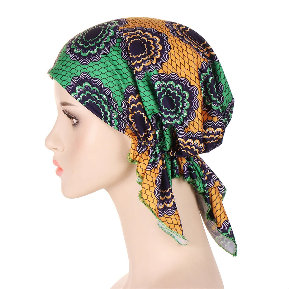Muslimanske Ženske Pre-Vezani Hidžab Strech Klobuk Headscarf Cvjetnim Tiskanja Bandanas Pokrivala Izgubo Las Raka Kemo Kape Kritje Turbante Mujer Slike 1