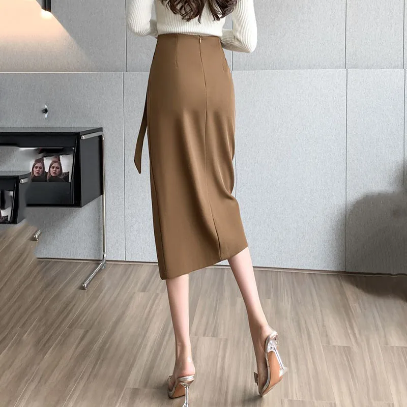 Korejski Elegantna Strani Split Dolga Krila za Ženske Modni Zadrgo Visoko Pasu Midi Krilo Ženske Poletje Trdna Slim Urad OL Krilo Slike 2