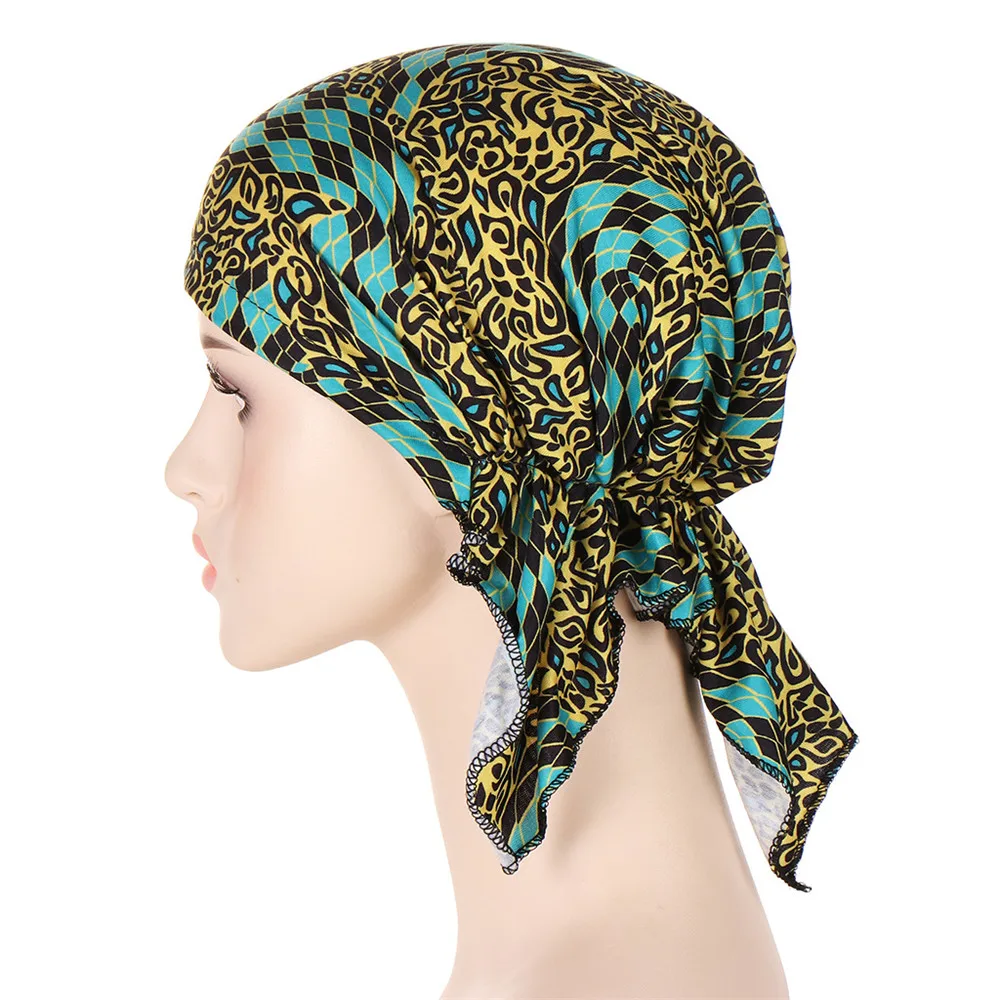 Muslimanske Ženske Pre-Vezani Hidžab Strech Klobuk Headscarf Cvjetnim Tiskanja Bandanas Pokrivala Izgubo Las Raka Kemo Kape Kritje Turbante Mujer Slike 2