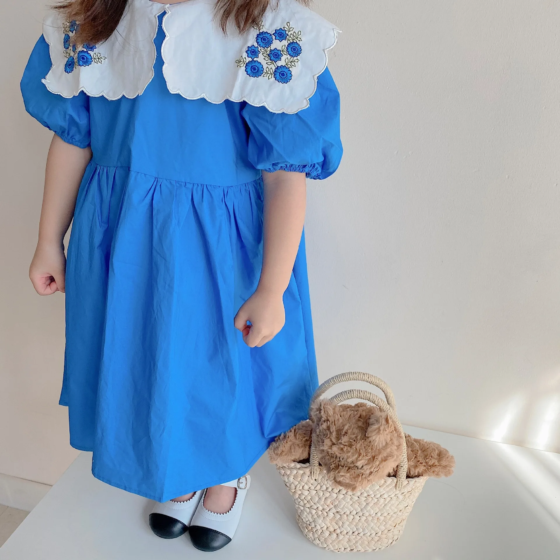 1818C Koreja Dekle Obleko otroških Oblačil 2022 Poletje Vezene River Mehurček Rokav Dekle Obleko Bombaž Modra Obleka Slike 3