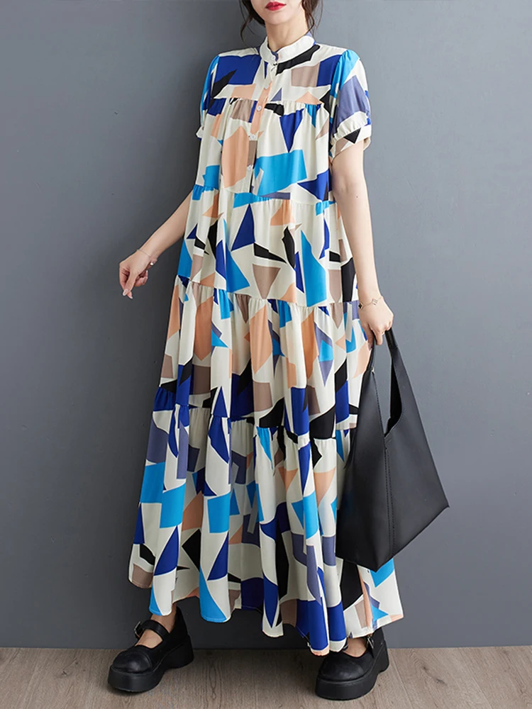 2023 Poletje Novo Koreja Ženska Obleka Vestidos Haljo Elbise Svoboden Plus Velikost Kratek Rokav Moda Tisk Dolgo Obleko Slike 3