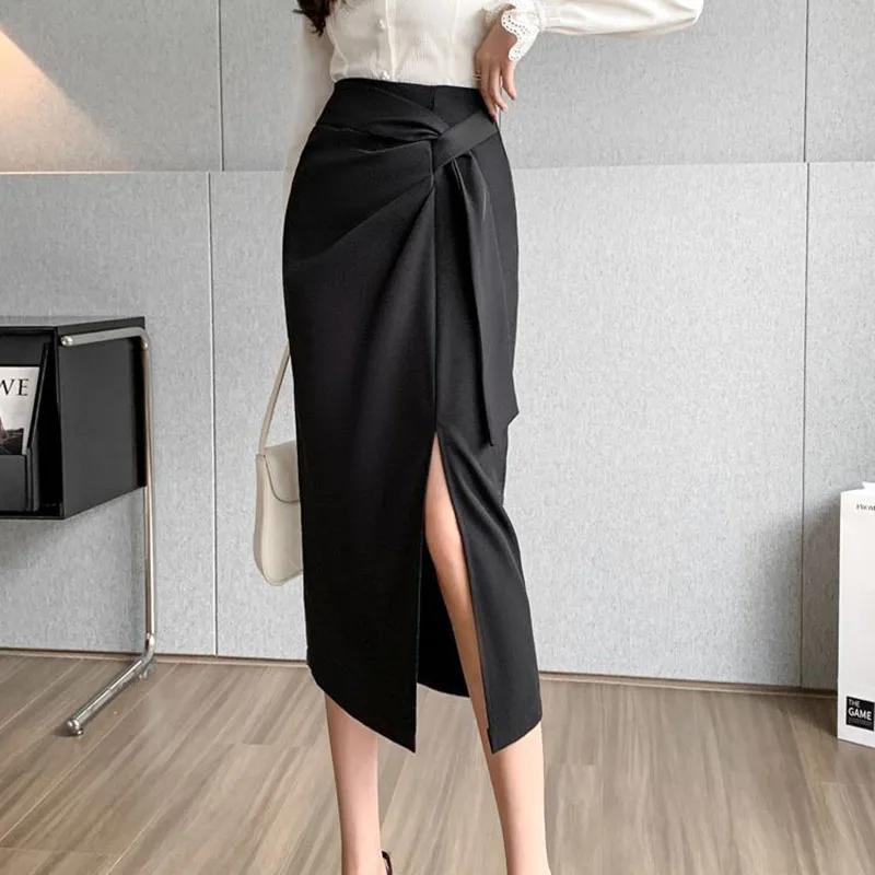 Korejski Elegantna Strani Split Dolga Krila za Ženske Modni Zadrgo Visoko Pasu Midi Krilo Ženske Poletje Trdna Slim Urad OL Krilo Slike 3