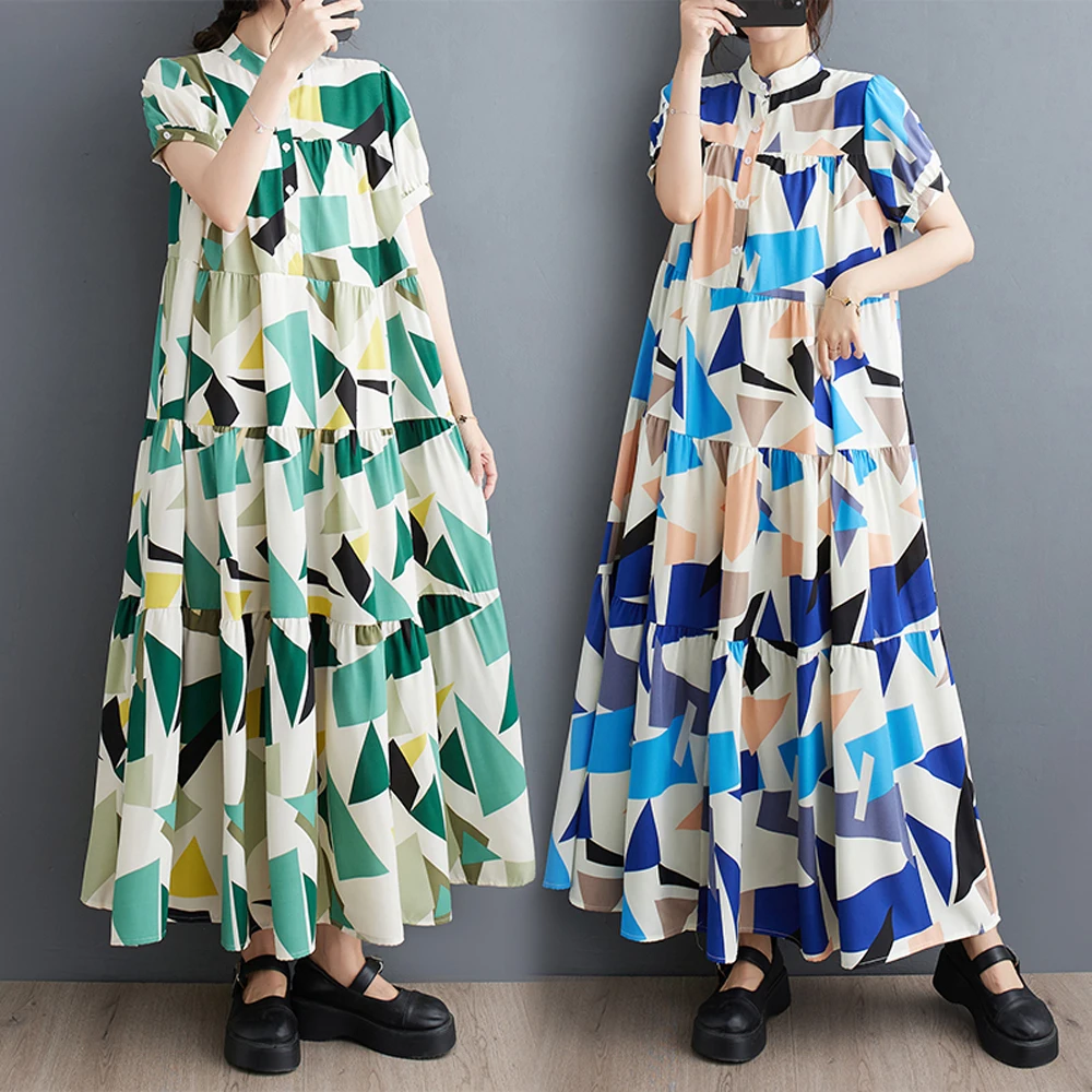 2023 Poletje Novo Koreja Ženska Obleka Vestidos Haljo Elbise Svoboden Plus Velikost Kratek Rokav Moda Tisk Dolgo Obleko Slike 4