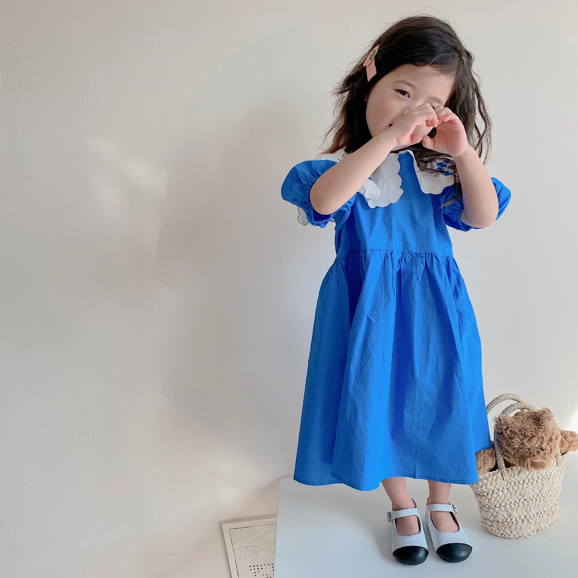 1818C Koreja Dekle Obleko otroških Oblačil 2022 Poletje Vezene River Mehurček Rokav Dekle Obleko Bombaž Modra Obleka Slike 5